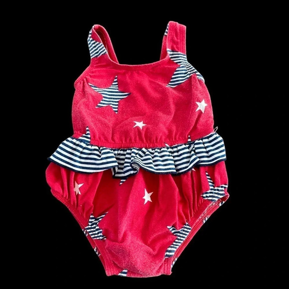 Vintage 1998 Gymboree Baby Girls XS Red Stars Stripes Knit Swimsuit Ruffle Blue - Picture 1 of 5